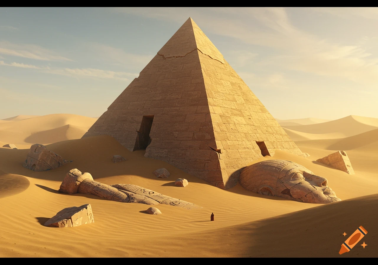 Mysterious pyramid and ruined statue half-buried in a vast desert landscape