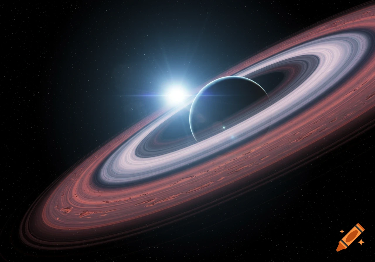A large ringed planet orbiting a bright star in space.