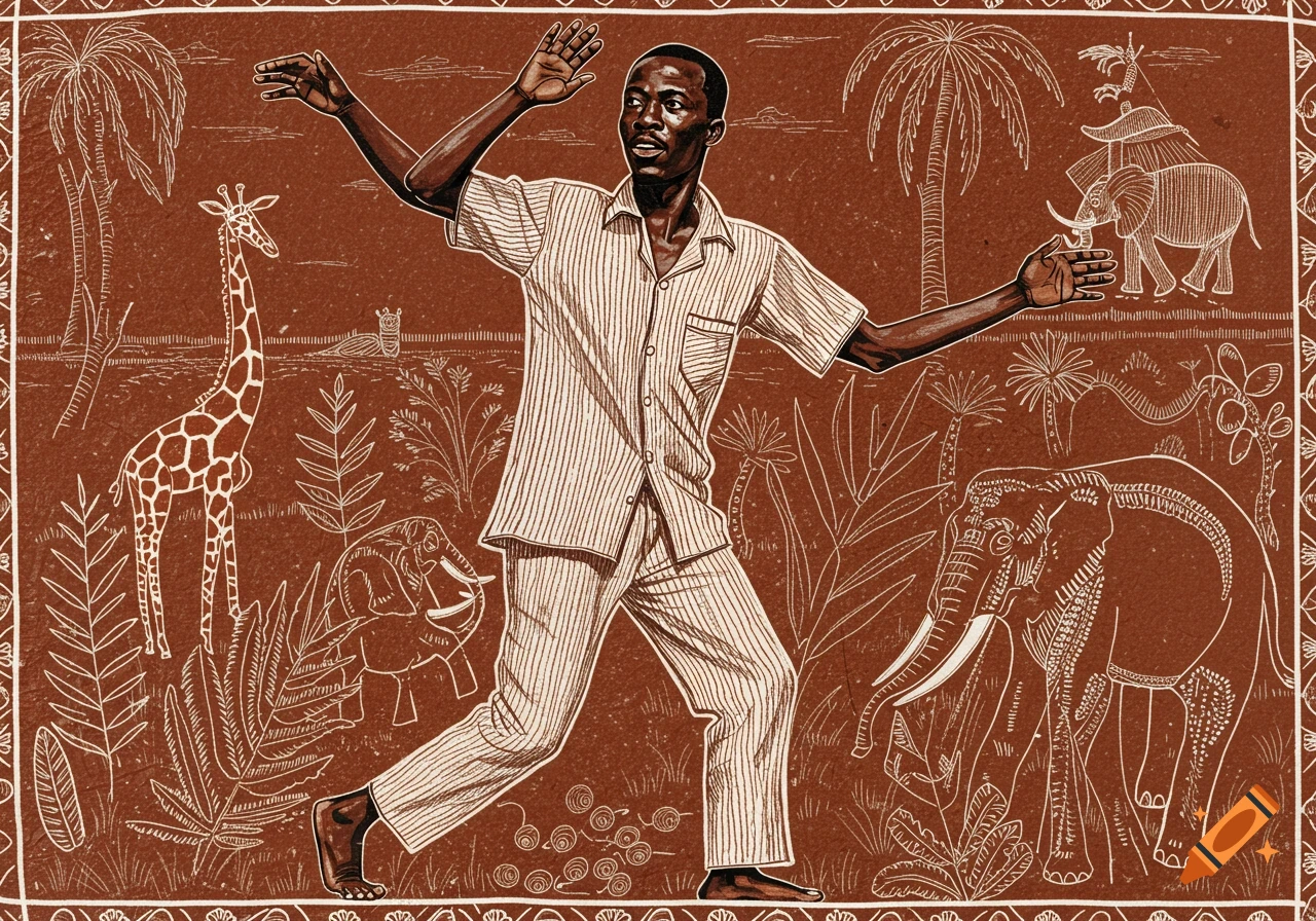 A stylized illustration of a man dancing among a giraffe, elephants, and palm trees.