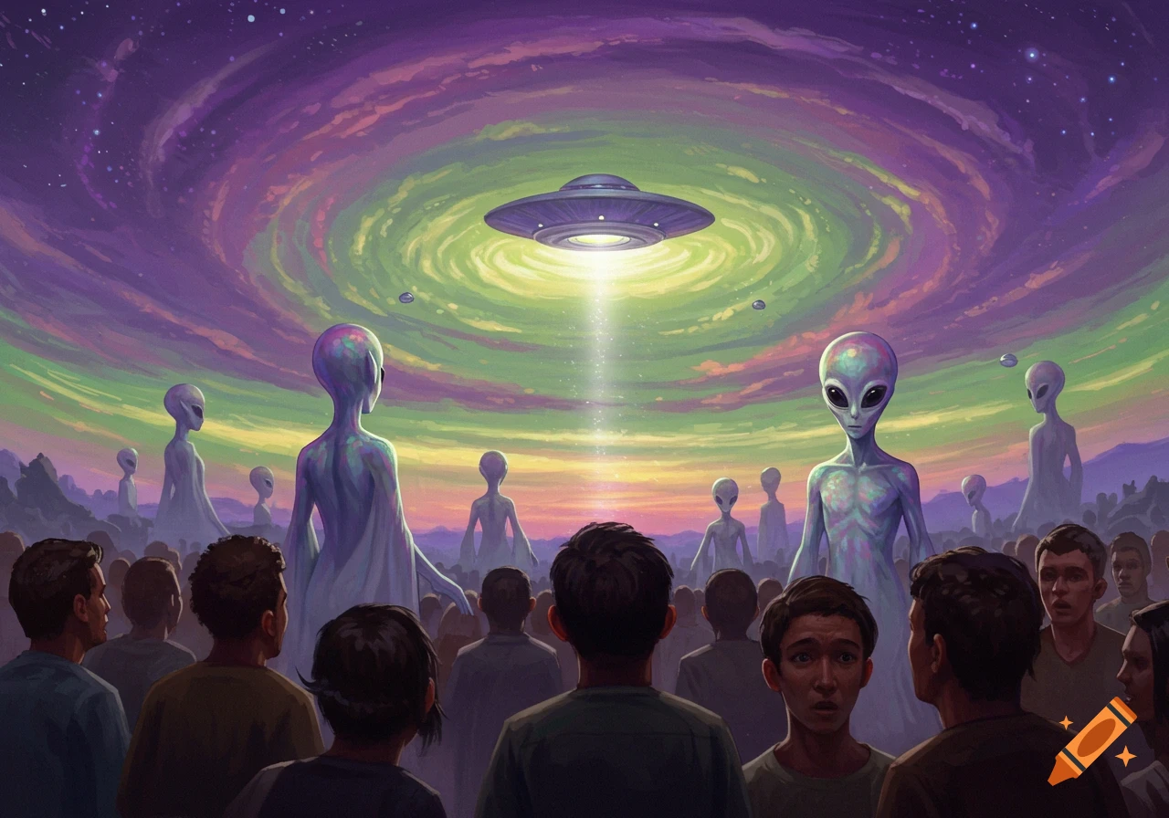 A crowd of people watch as a UFO and aliens appear under a swirling, colorful sky.