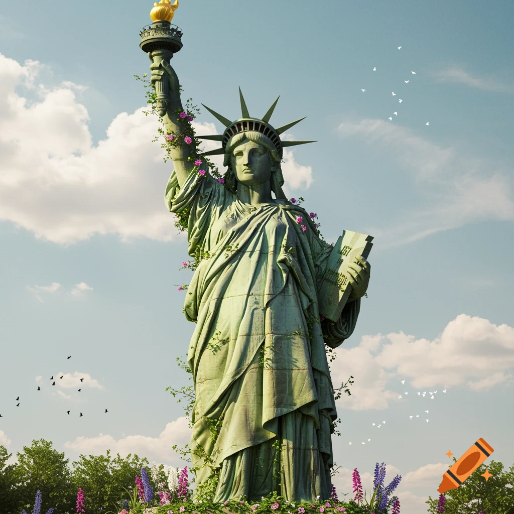 Statue of Liberty covered in vines and flowers in a sunny landscape