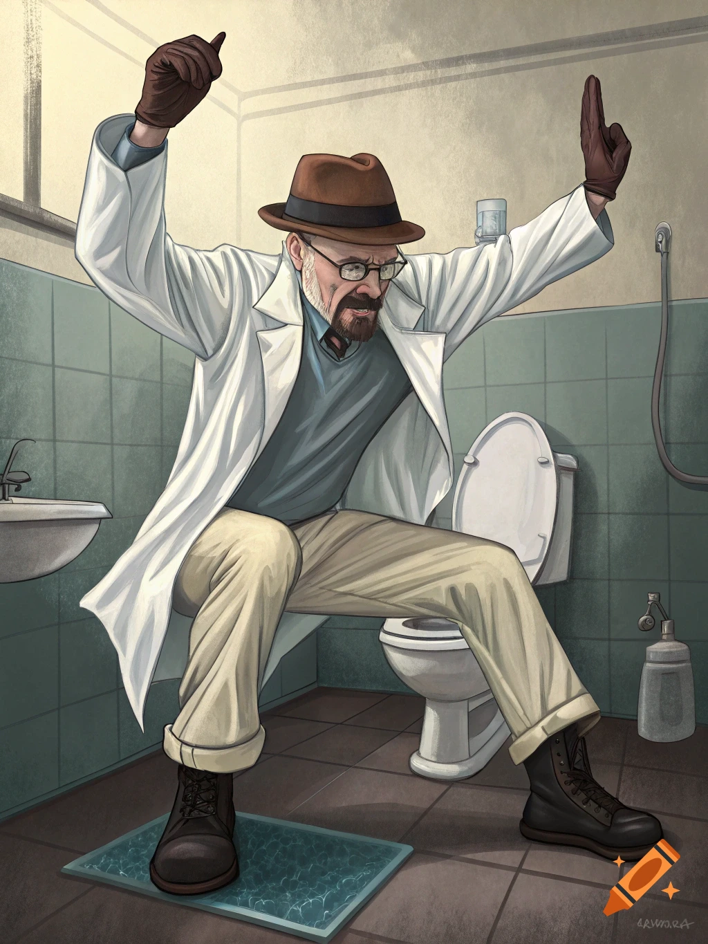 Illustration of Walter White sitting dramatically on a toilet in a bathroom with arms raised.