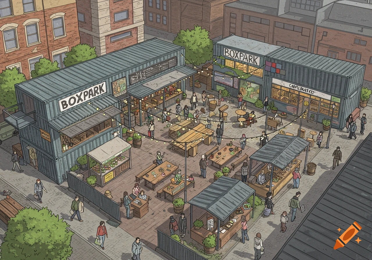 Bird's-eye view illustration of a vibrant urban marketplace made from shipping containers with food stalls, people, and string lights.
