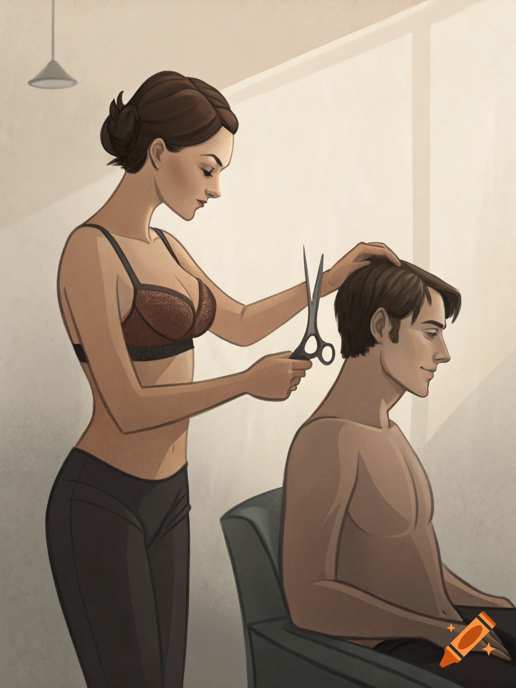 Illustration of a woman in a bra giving a man a haircut