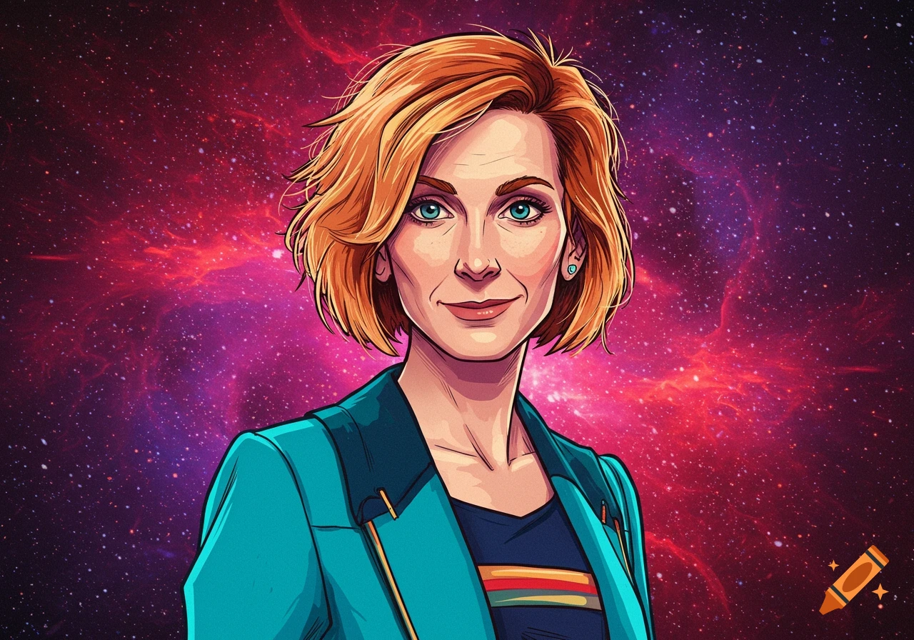 Comic style portrait of Jodie Whittaker as the Thirteenth Doctor against a nebula background.
