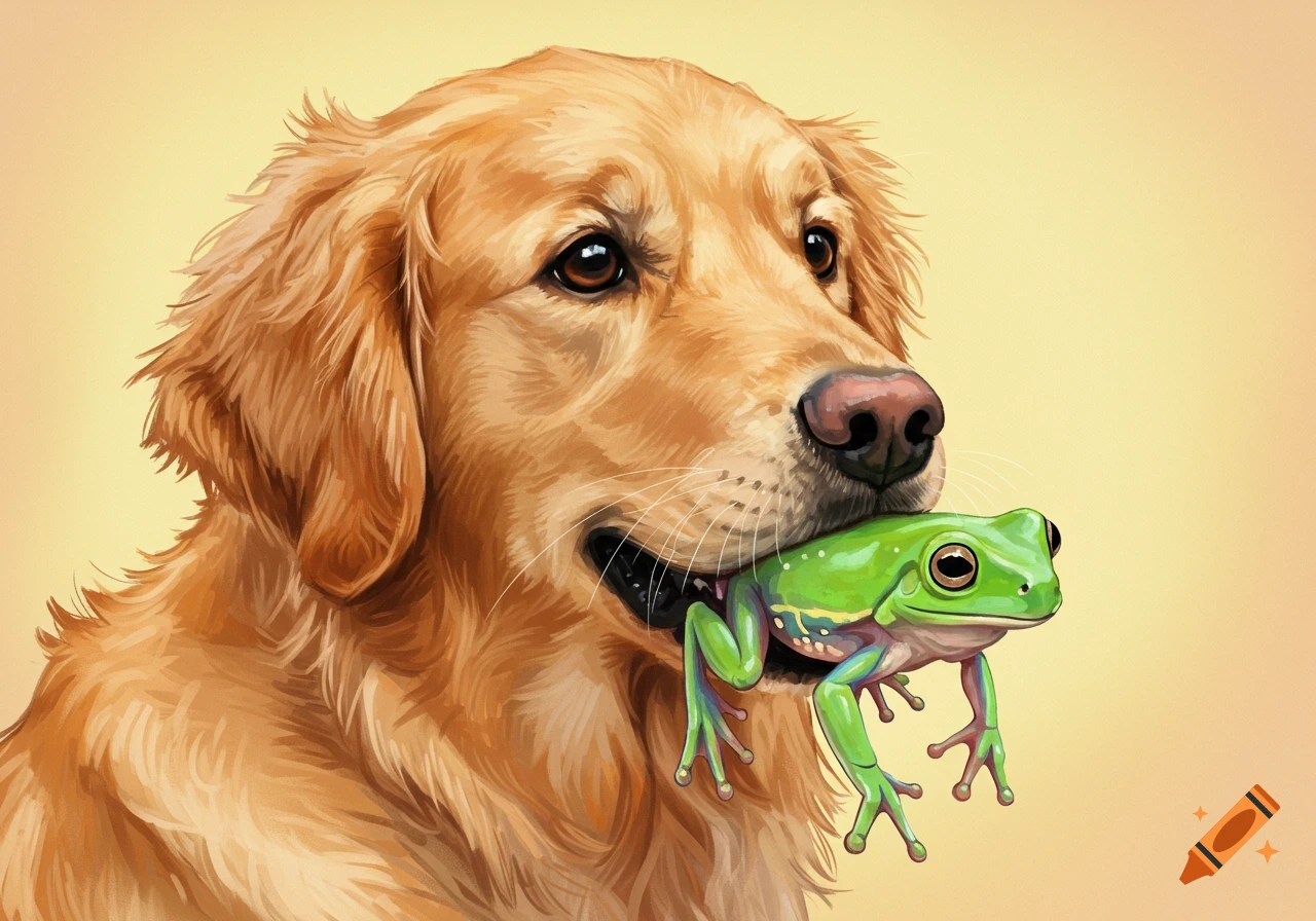 A golden retriever holds a bright green frog in its mouth in an illustrated style.