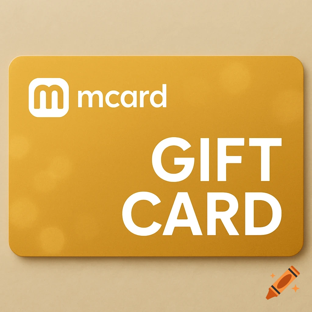 A close-up of a golden gift card with the logo 'mcard' and the words 'GIFT CARD' in white.