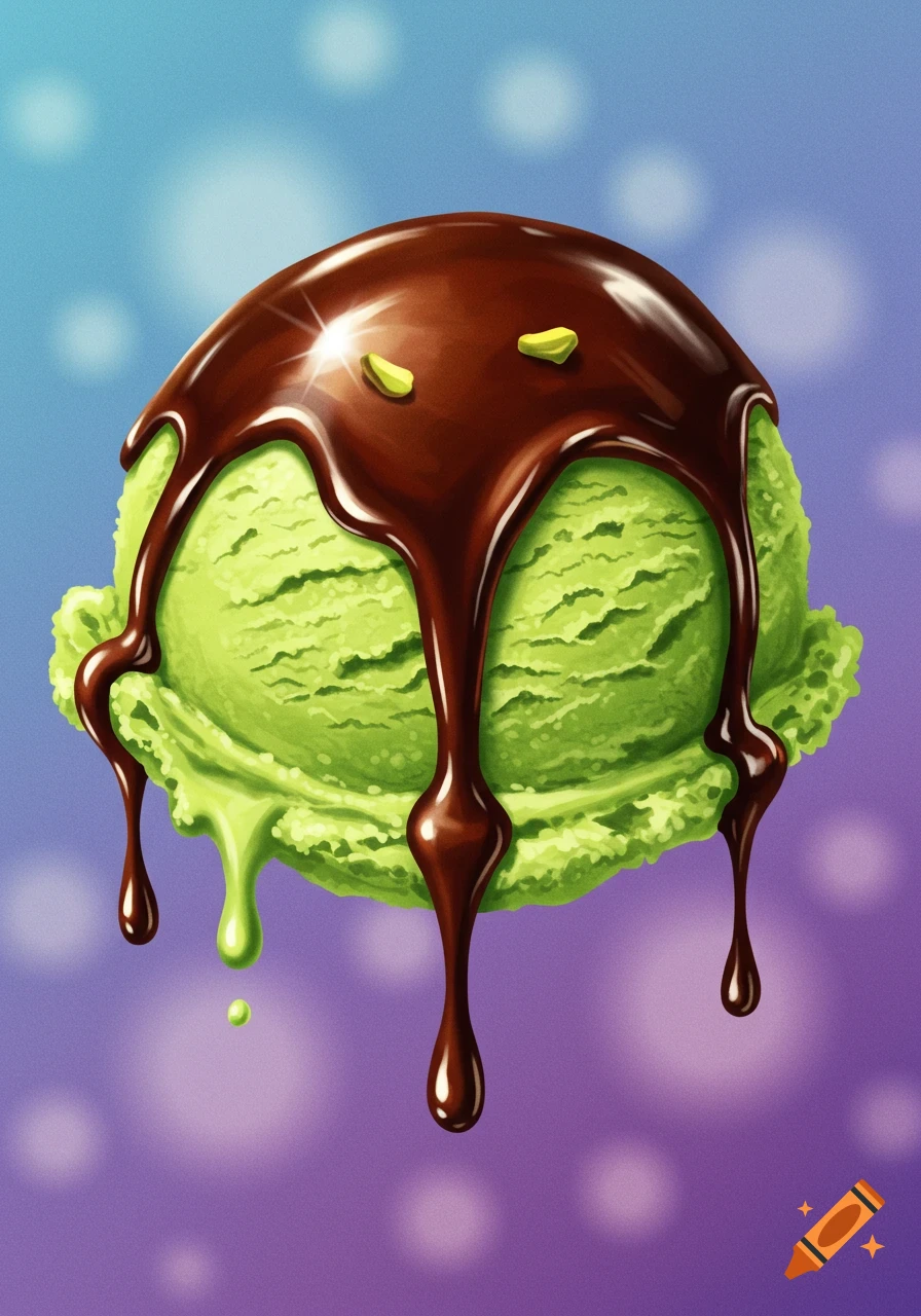 A scoop of green ice cream covered in dripping chocolate sauce and topped with pistachio pieces, illustrated on a purple and blue background.