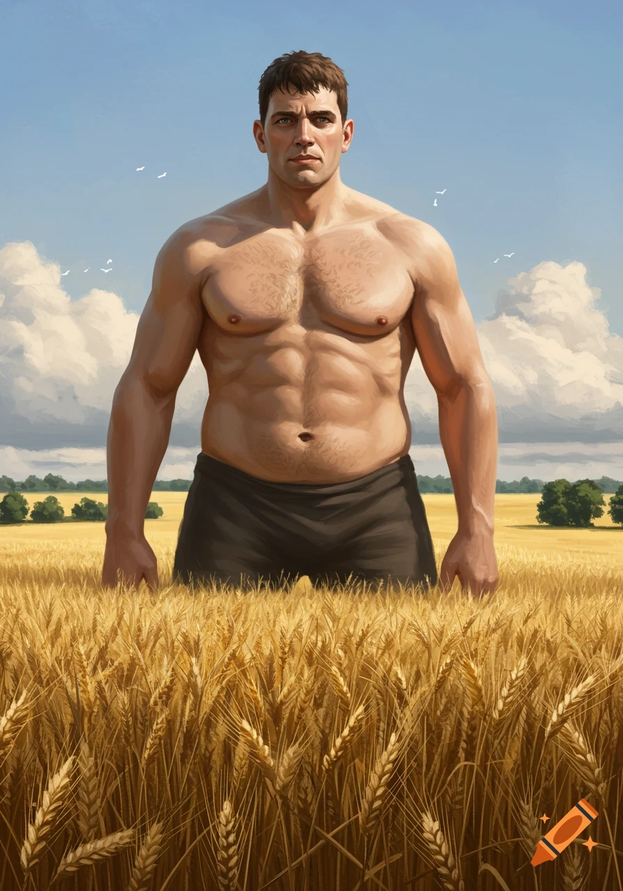 Muscular man standing in a wheat field under a blue sky, digital painting style.