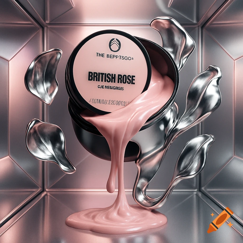A jar of pink cream with liquid oozing out, surrounded by abstract chrome shapes in a geometric metallic room.