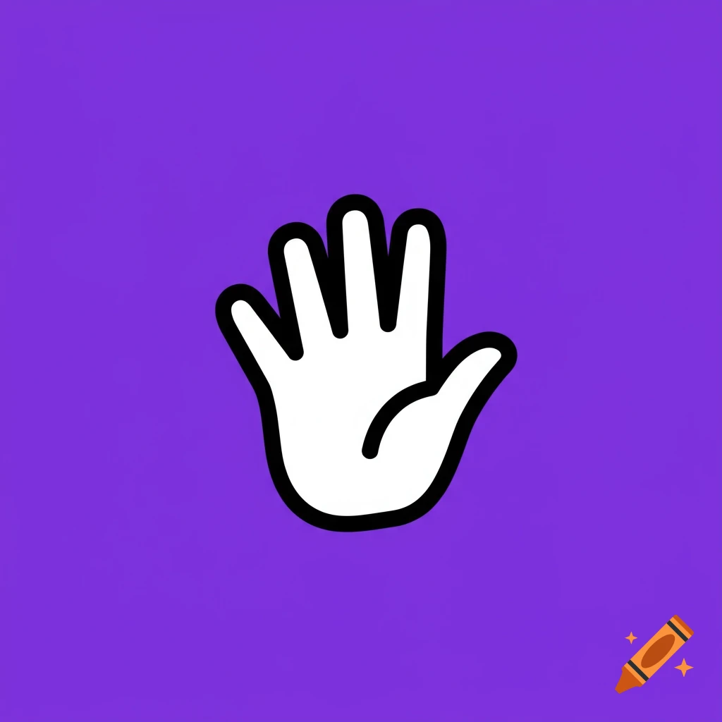 A white cartoon hand icon with black outline on a solid purple background.