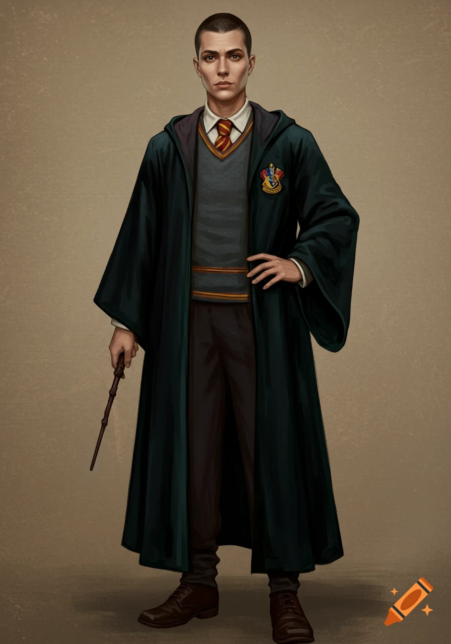 Wizard Guard Portrait A full-body portrait of a person with very short hair, wearing a dark ...