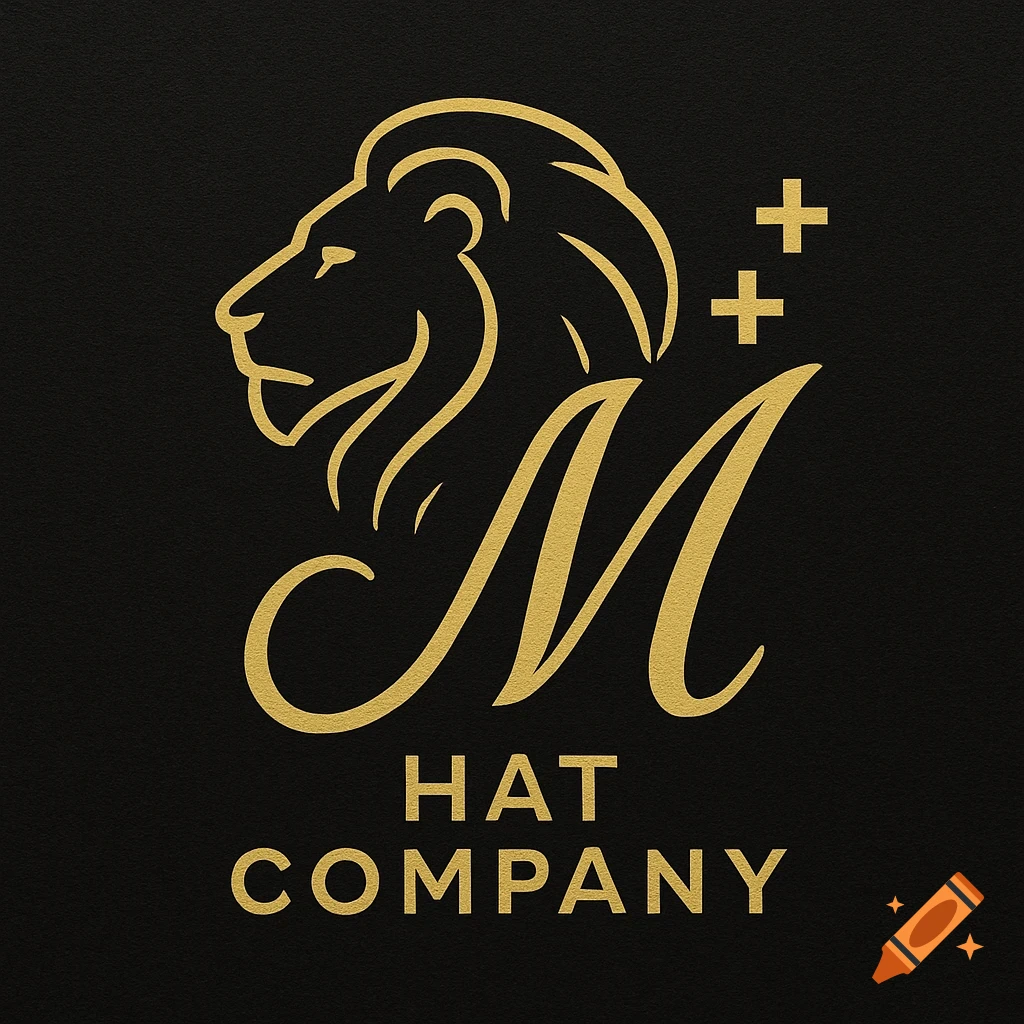 Gold logo with lion outline, cursive M, crosses, and 'HAT COMPANY' text on black.