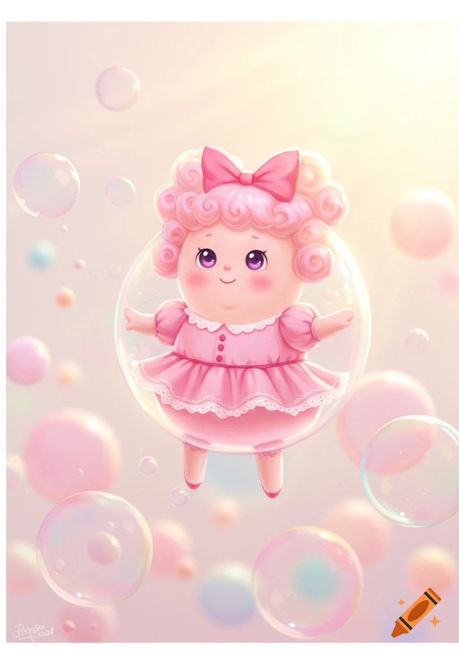A cute cartoon character with pink curly hair and a pink dress floats in a bubble surrounded by other bubbles.