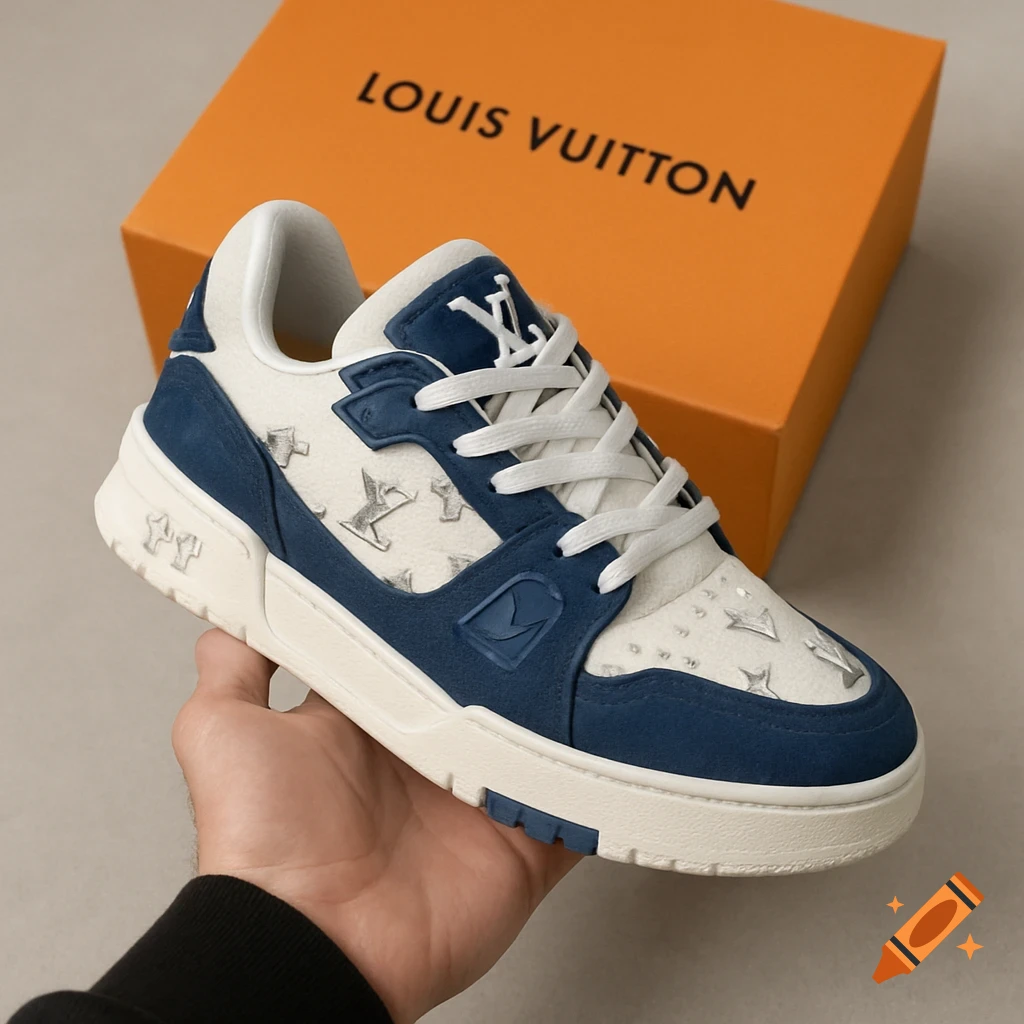 A hand holding a white and blue Louis Vuitton sneaker with the orange shoe box in the background.