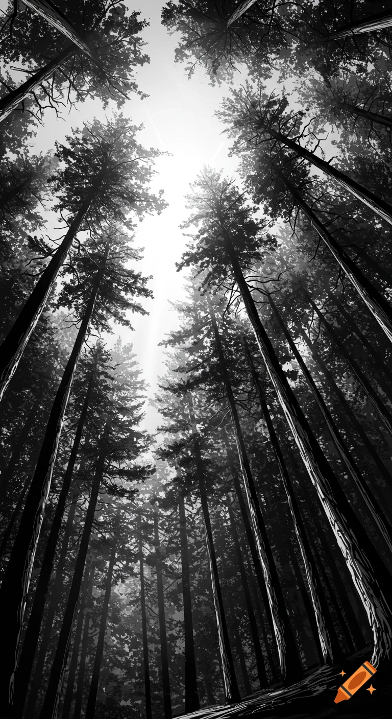Black and white view looking up through tall pine trees at a bright sky with light rays.