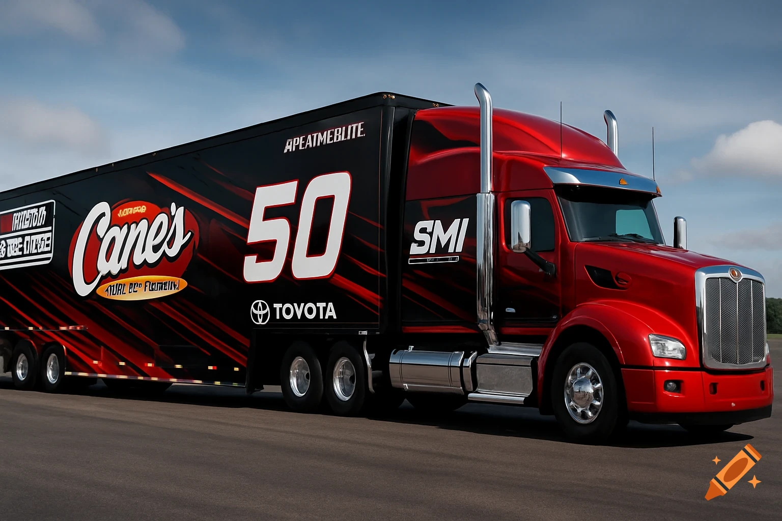 Red Peterbilt semi pulling a black racing trailer with Raising Canes and #50 logos.