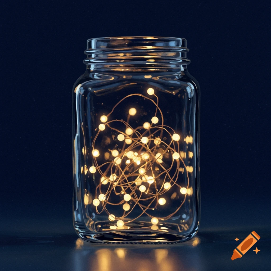 A clear glass jar filled with glowing fairy lights on a dark background.