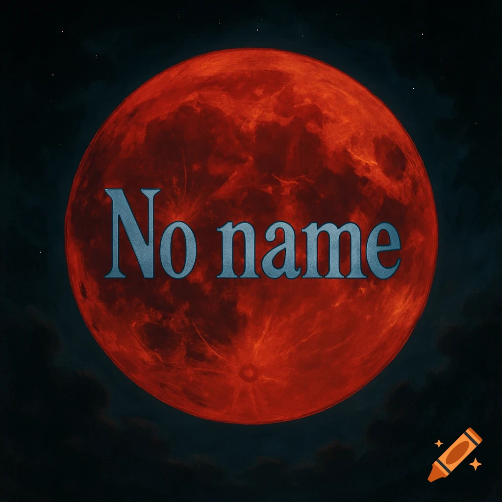 A large red blood moon in a dark, starry sky with the words "No name" written across it.