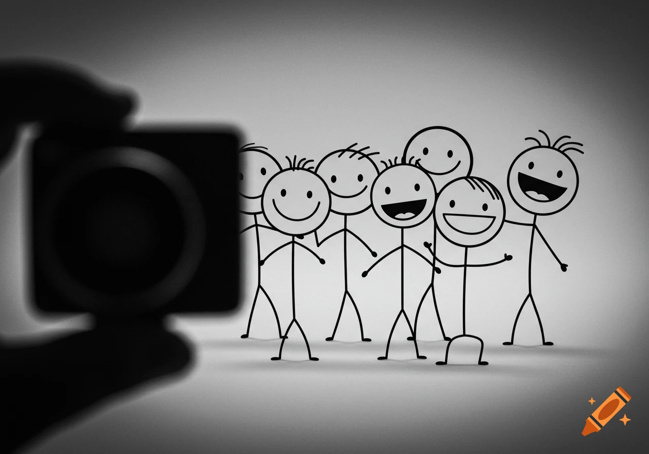 Black and white illustration of stick figures posing for a camera.