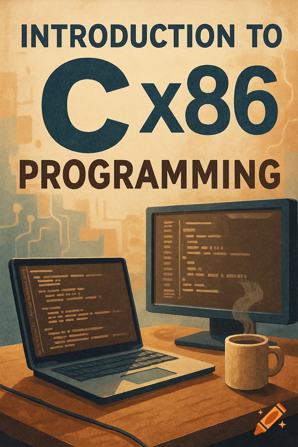 Poster for C x86 programming course with laptop, monitor, and coffee cup, illustration style.