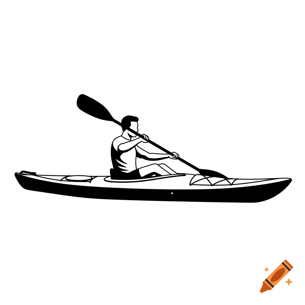 Black and white illustration of a man paddling a kayak.