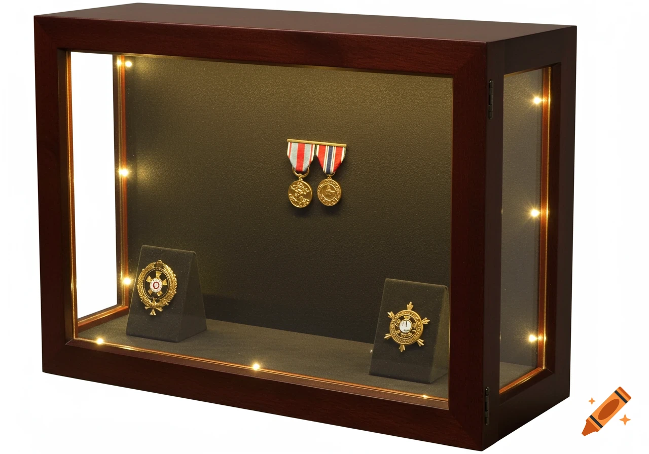 Lit wooden display case with military medals on a dark background