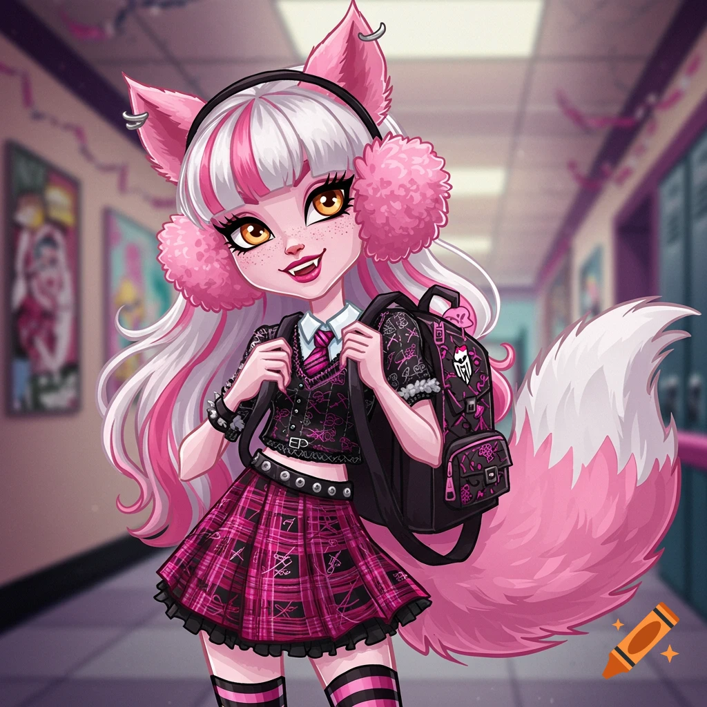 Cartoon girl with fox ears and tail in pink and black school uniform, wearing fluffy earmuffs and a backpack, standing in a hallway.