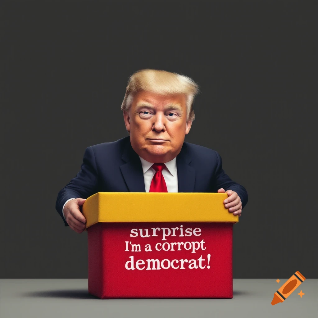 Donald Trump emerges from a red gift box with text.