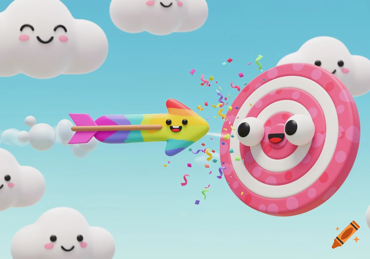 3D animation of a colorful arrow hitting a pink target, with smiling clouds