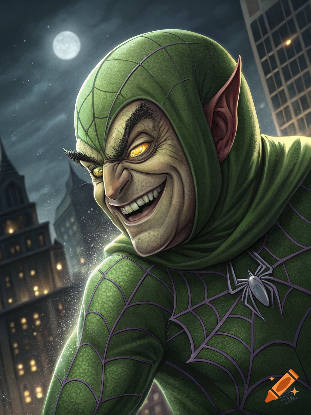 Green Goblin portrait with menacing grin against a night city skyline.