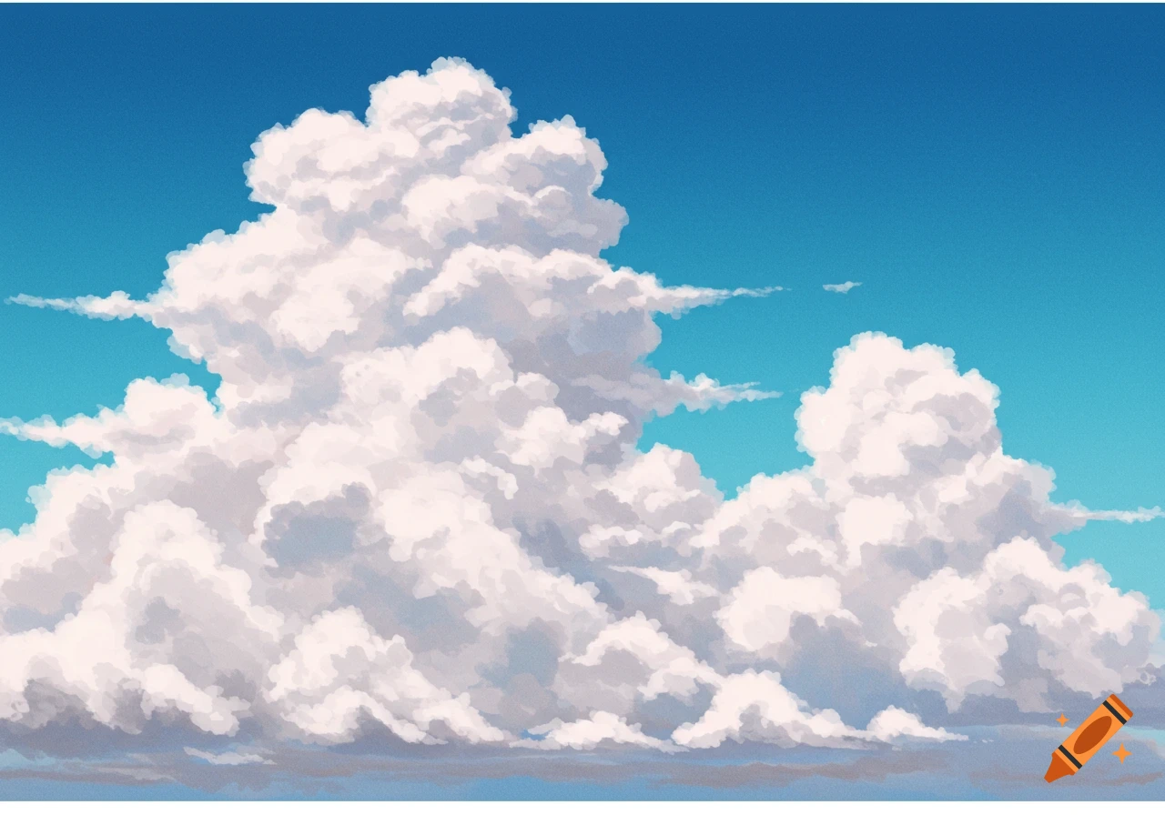 Illustration of large white clouds in a bright blue sky.