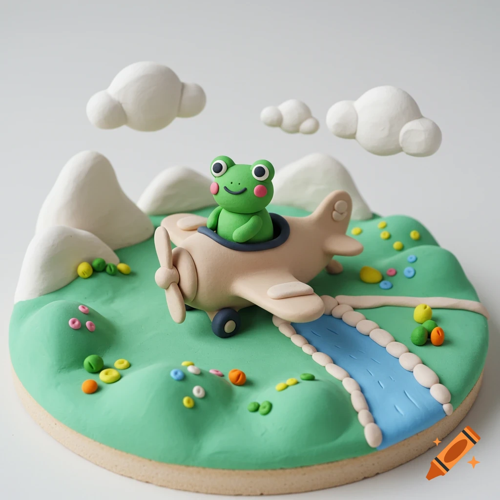 A clay model diorama features a green frog in a toy airplane over a hilly landscape with a river and clouds.