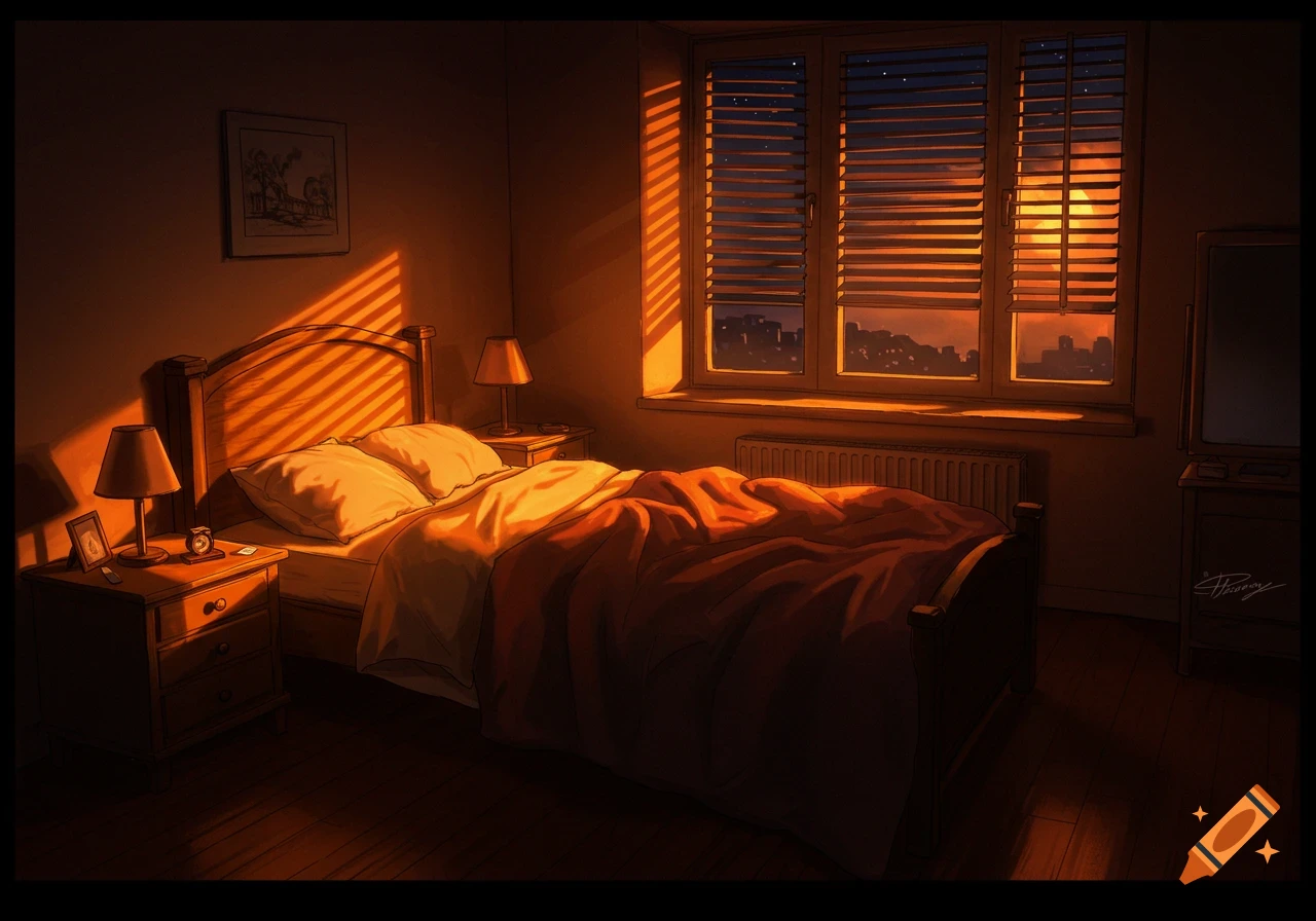Bedroom interior bathed in warm orange light from the sun streaming through blinds, showing a bed and window.
