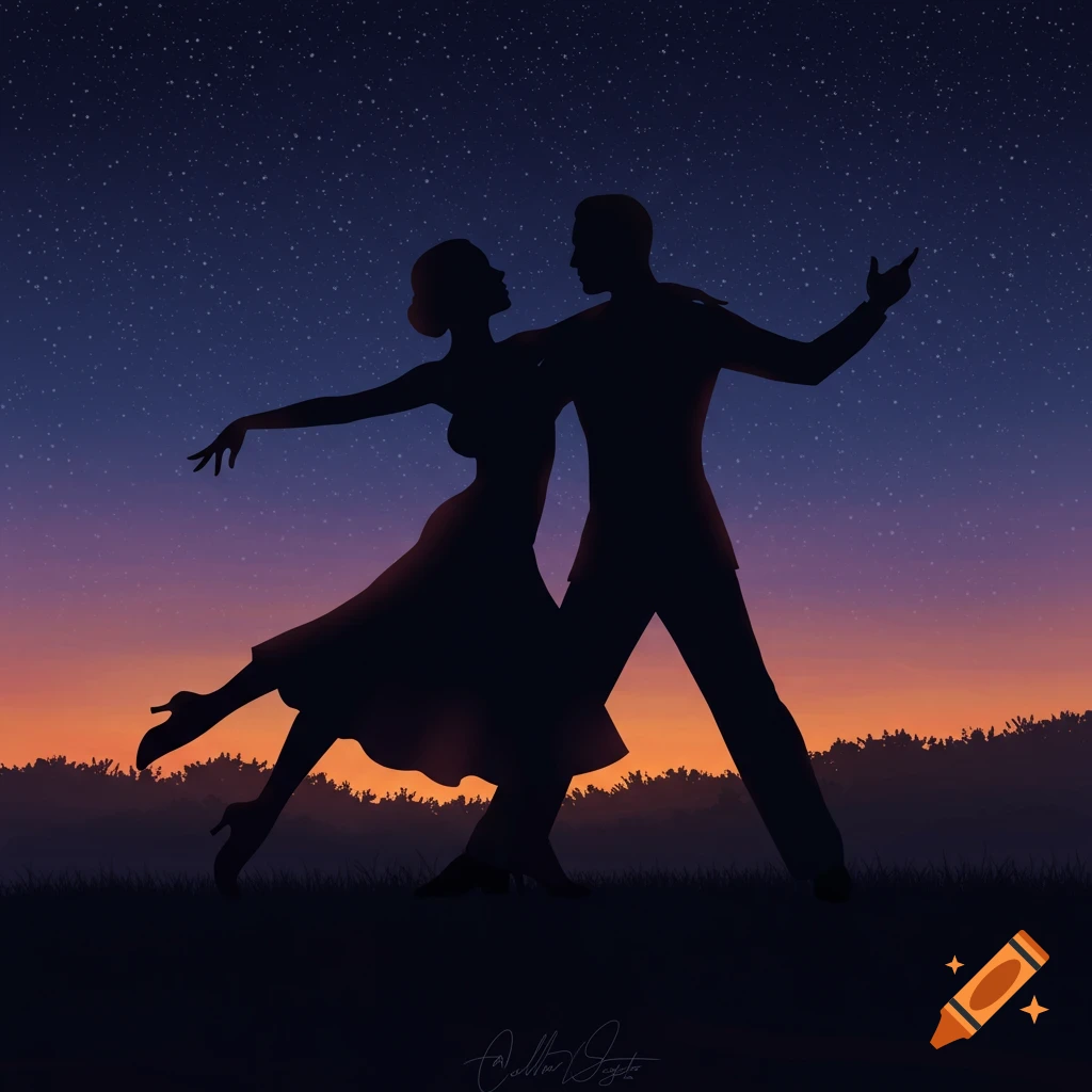 Silhouettes of a couple ballroom dancing under a starry sky at sunset.