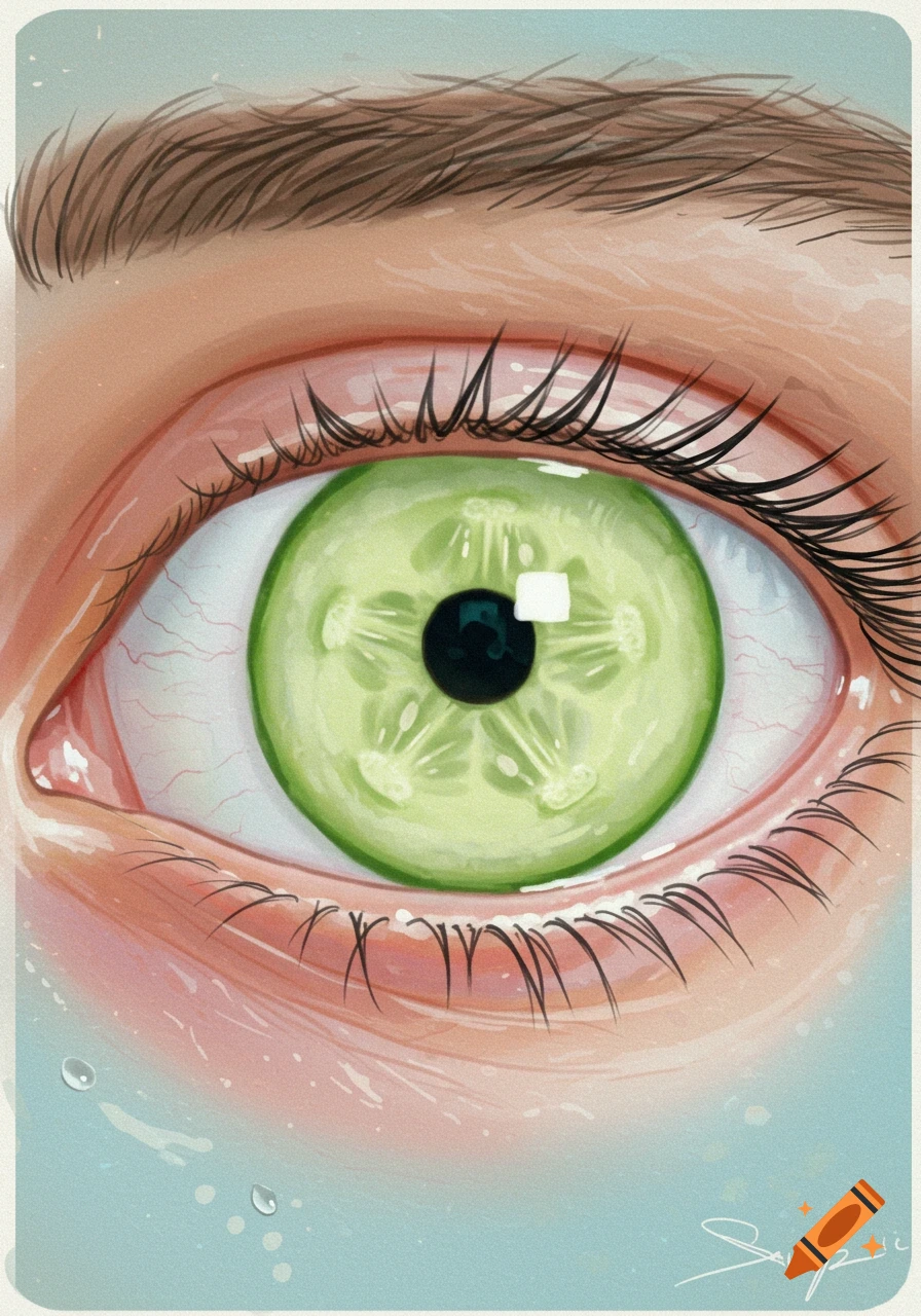 Close-up illustration of a human eye with a cucumber slice as the iris.
