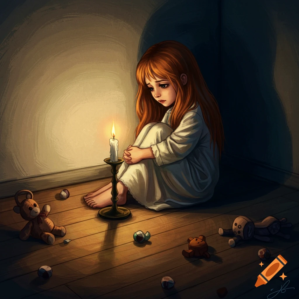 Illustration of a sad girl sitting alone on the floor with a candle and toys.
