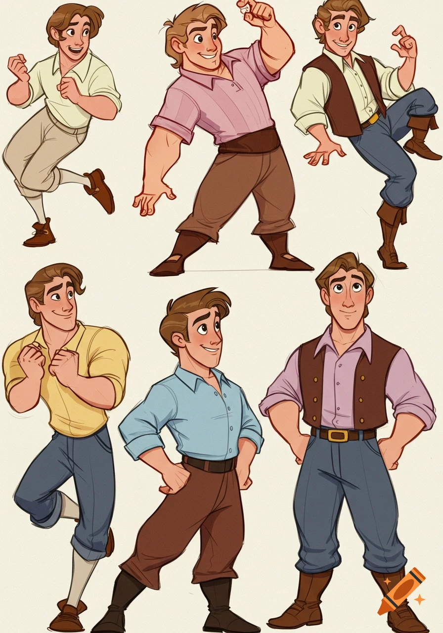 Multiple sketches of a male character in various poses, animated style