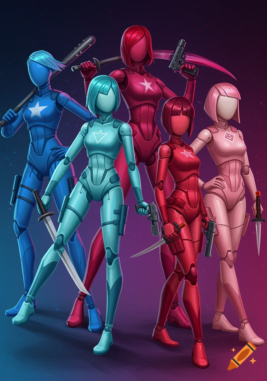 Group of stylized humanoid robots in colorful suits holding weapons