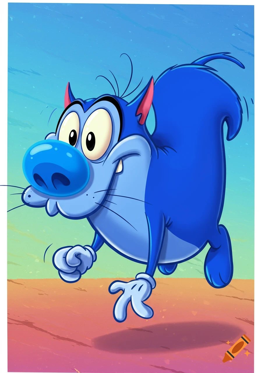 A blue cartoon cat-like creature with large eyes runs.