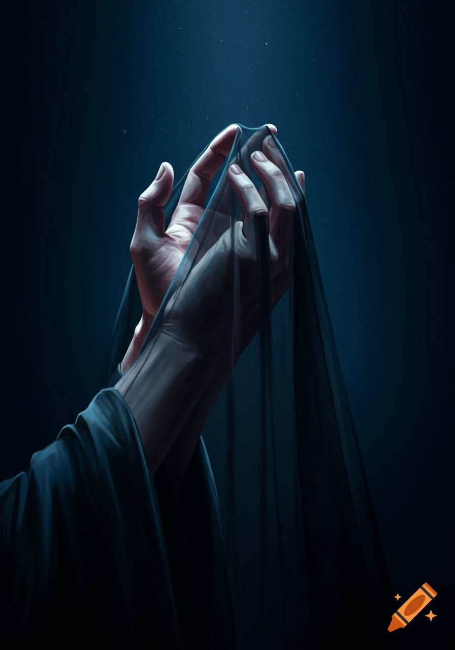 Close-up painting of hands holding a dark veil in dramatic lighting