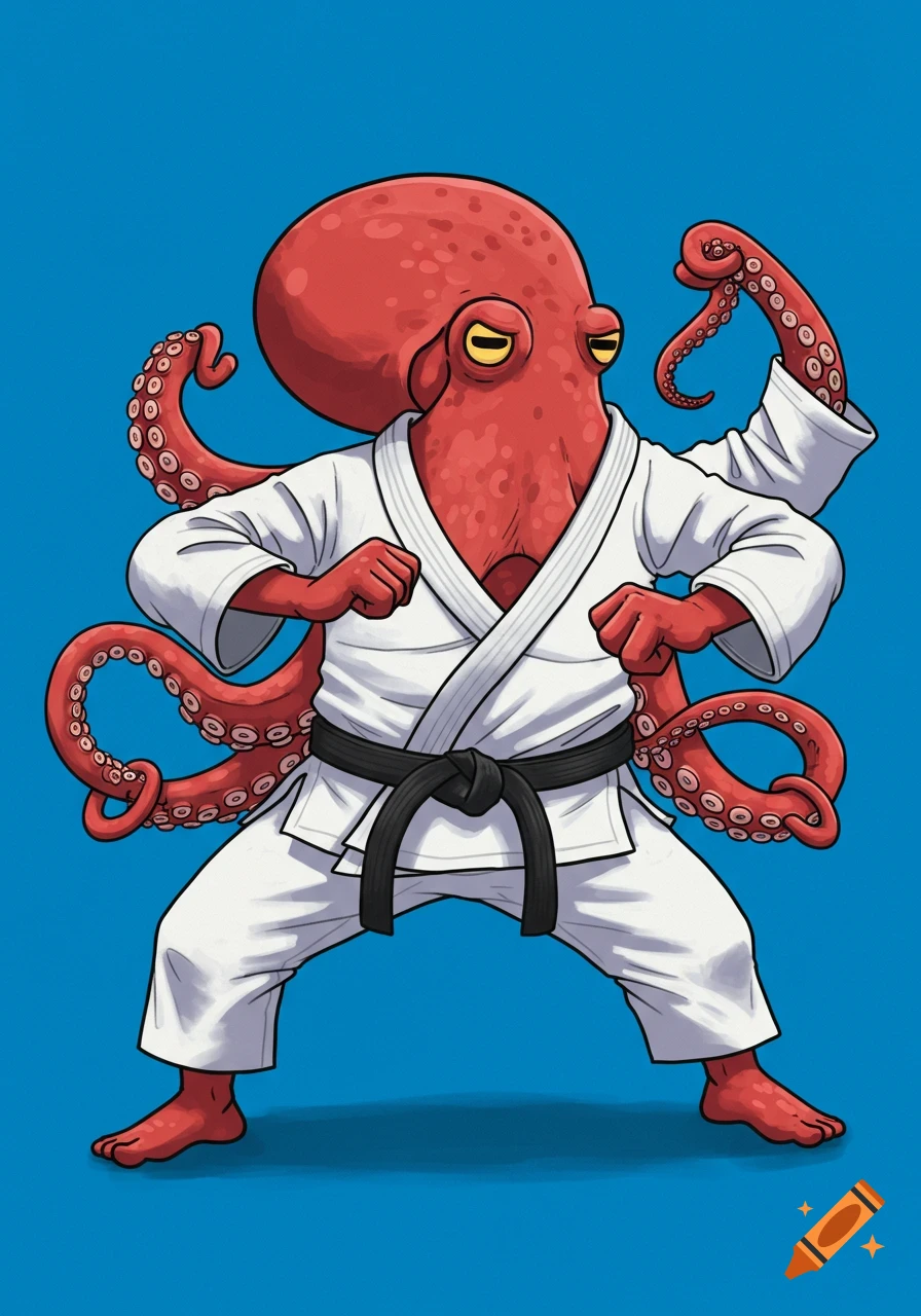 A cartoon octopus wearing a white martial arts gi and black belt stands in a pose against a blue background.