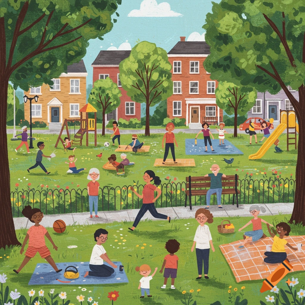 Illustration of diverse people in a park doing yoga, picnicking, and playing