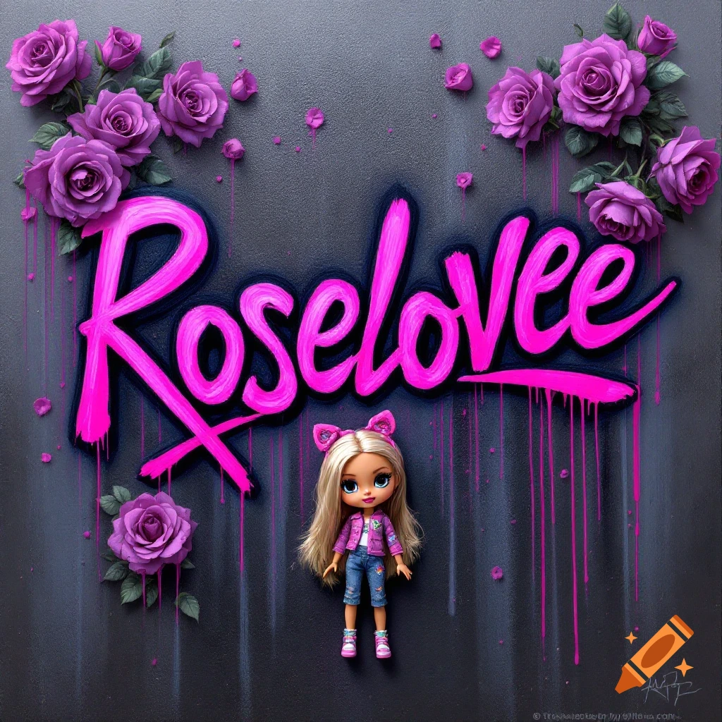 Pink graffiti text "Roselovee" with purple roses and a small doll on a dark background with paint drips.