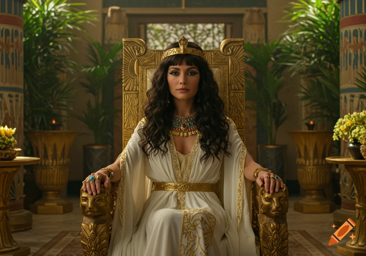 Woman dressed as Cleopatra sitting on a golden throne in an ancient Egyptian setting, photorealistic style.