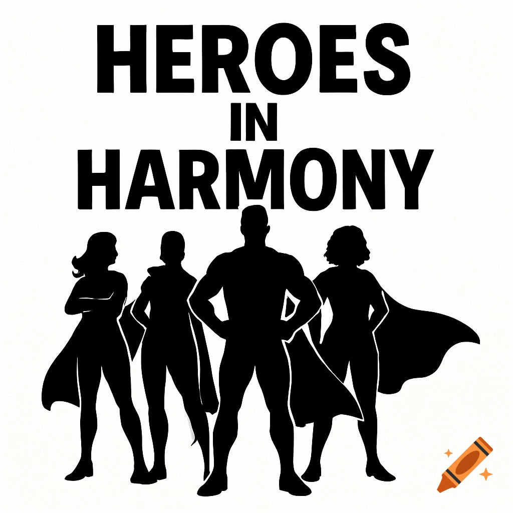 Black silhouettes of four superheroes, three women and one man, standing against a white background with the text 'HEROES IN HARMONY' above them.
