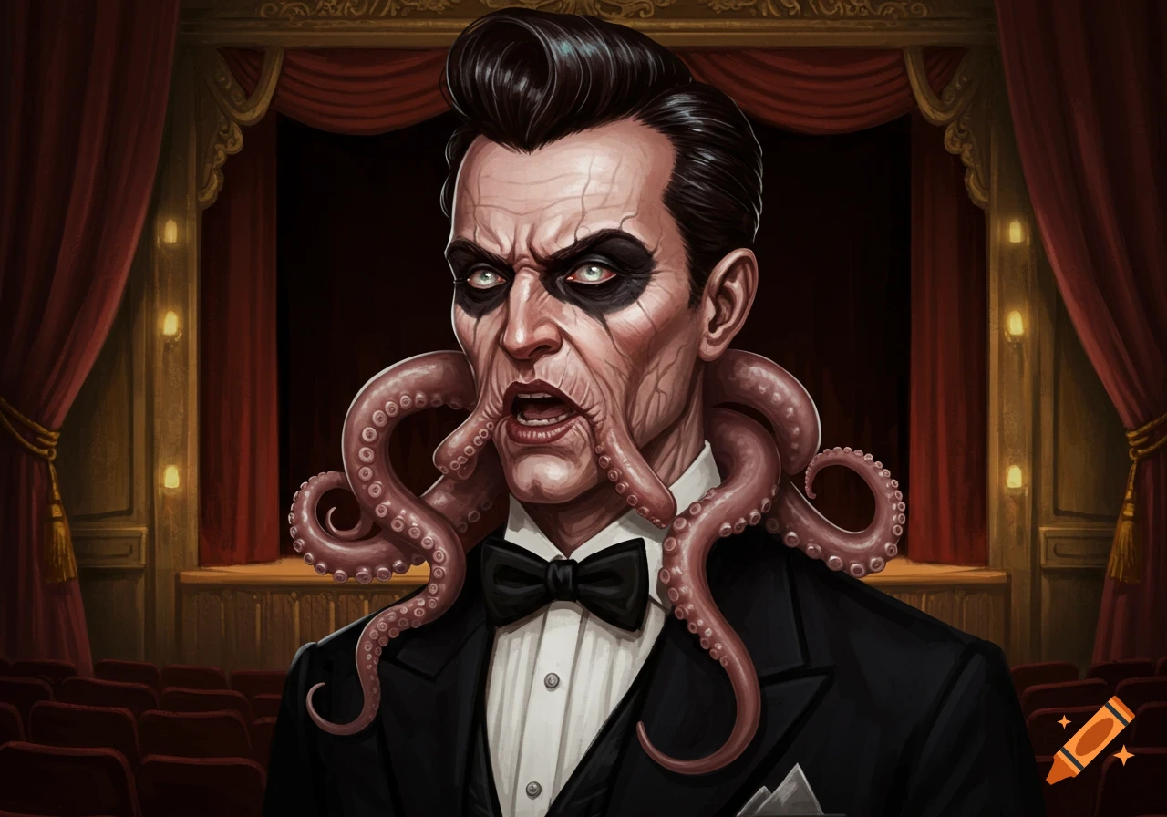 Illustration of a man in a suit with tentacles for a face on a theatre stage.