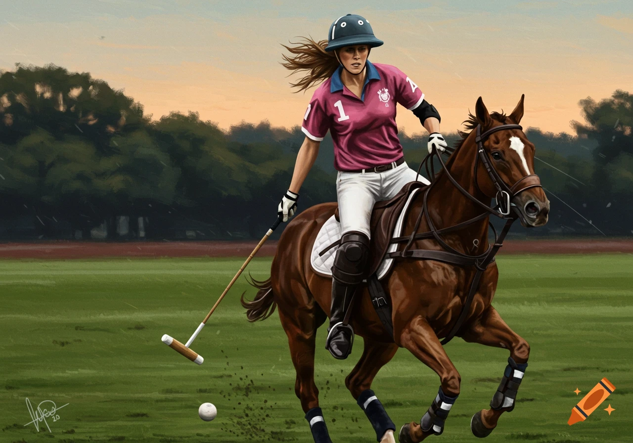 A woman on a brown horse plays polo, swinging a mallet at the ball, rendered in a digital painting style.