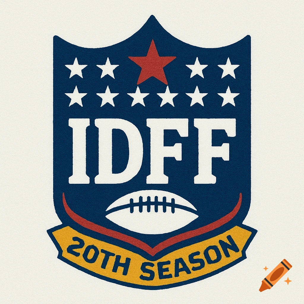An NFL-style shield logo with IDFF text, stars, a football, and a "20TH SEASON" banner.