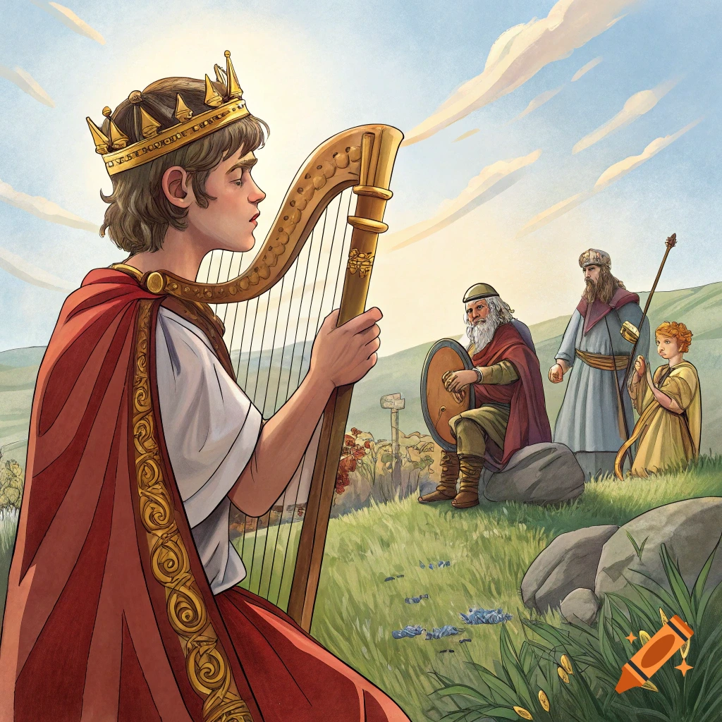 Illustration of a young king playing a harp in a field with other figures.